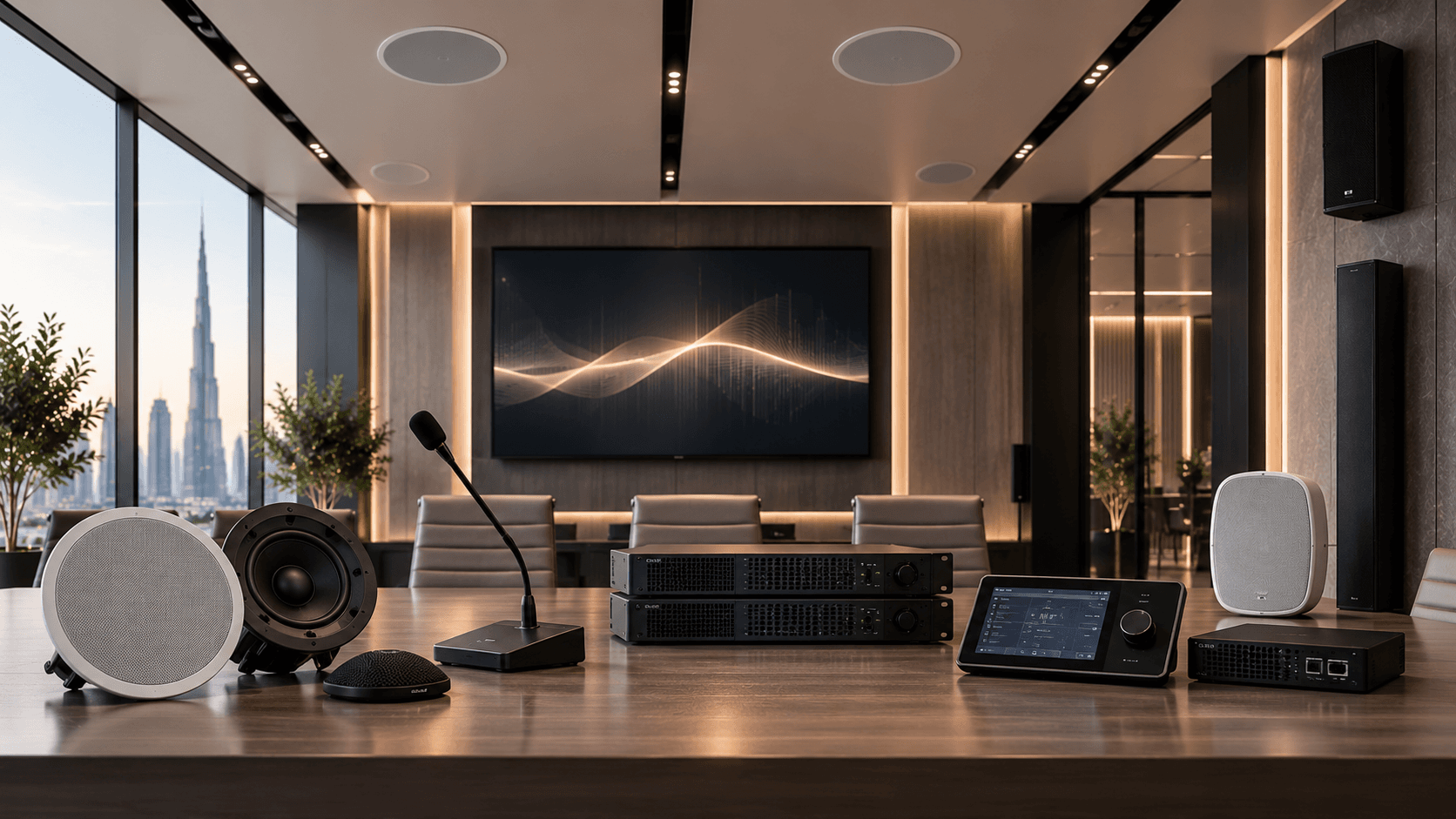 Professional loudspeakers microphones and audio systems integrated into a commercial environment