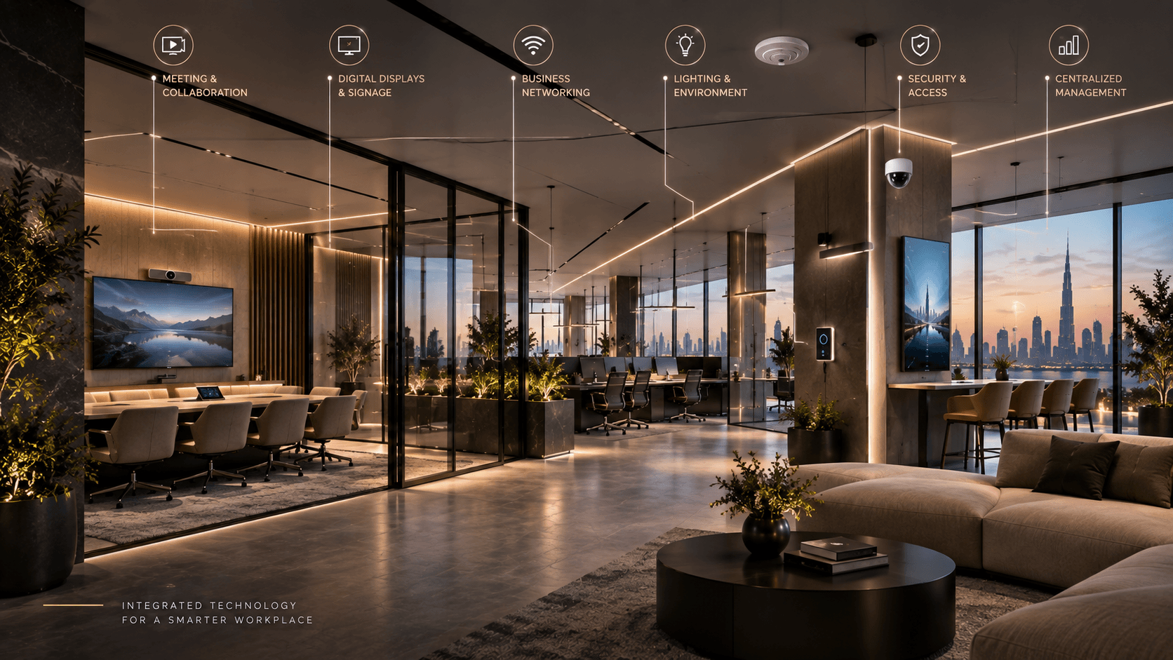 Business technologies integrated across a modern workplace