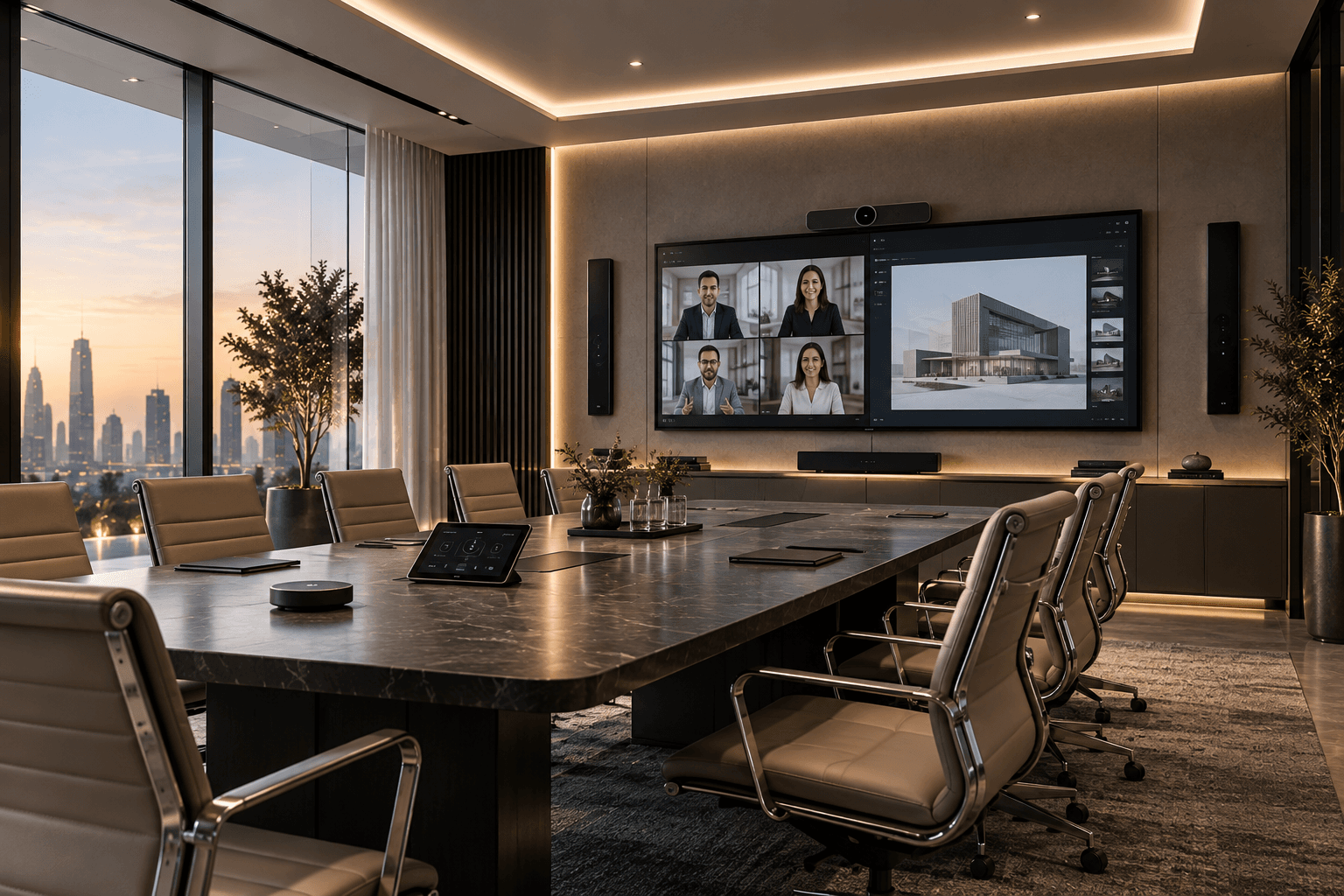 Premium meeting room with integrated audiovisual and conferencing technology