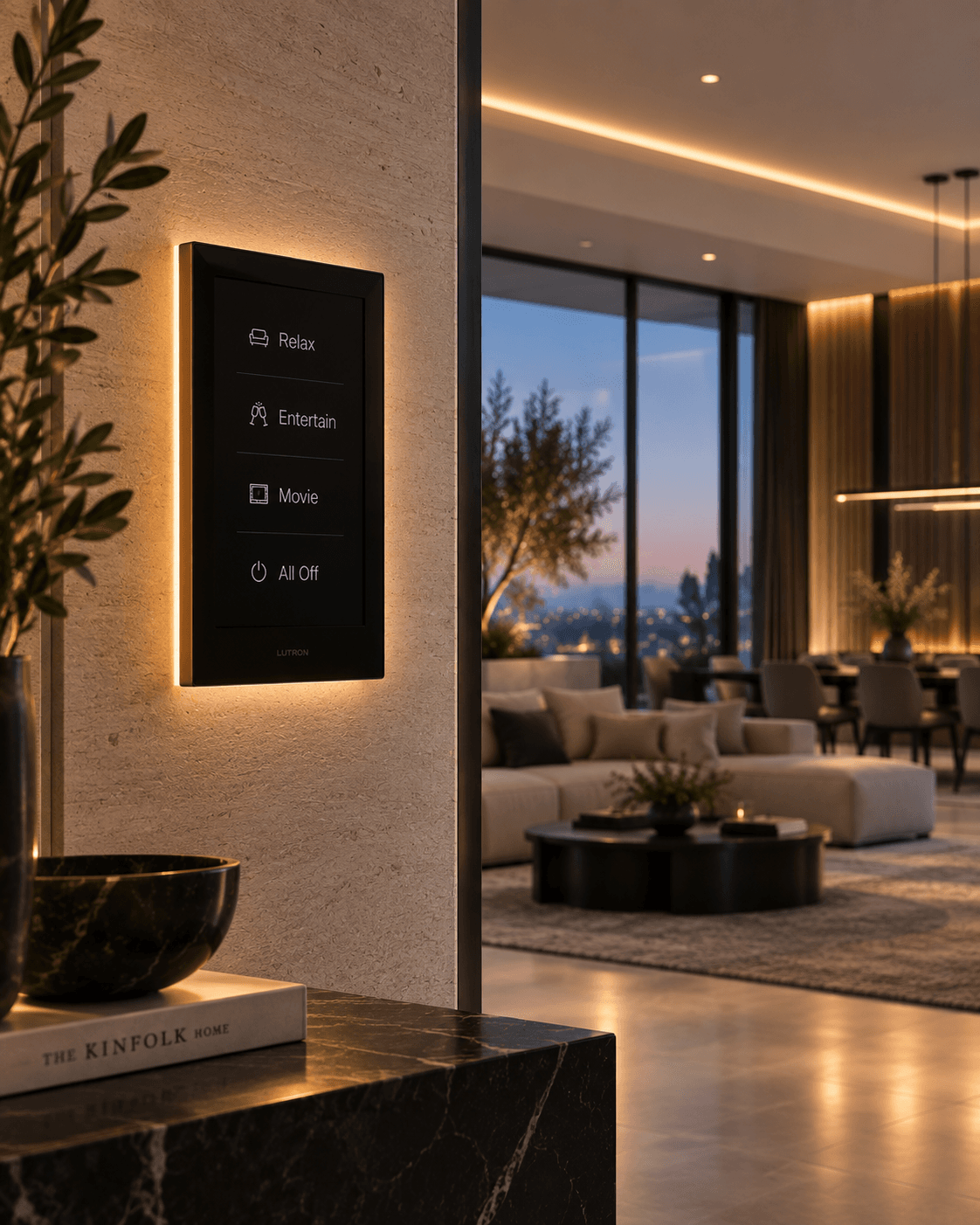 Architectural smart lighting keypad integrated into a luxury interior
