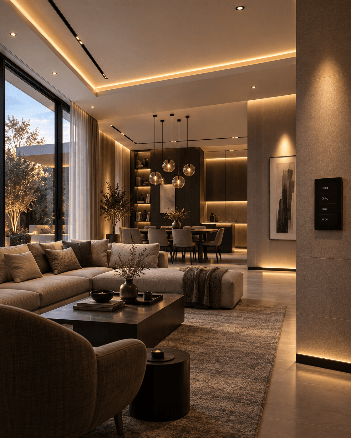 Interior demonstrating layered architectural lighting