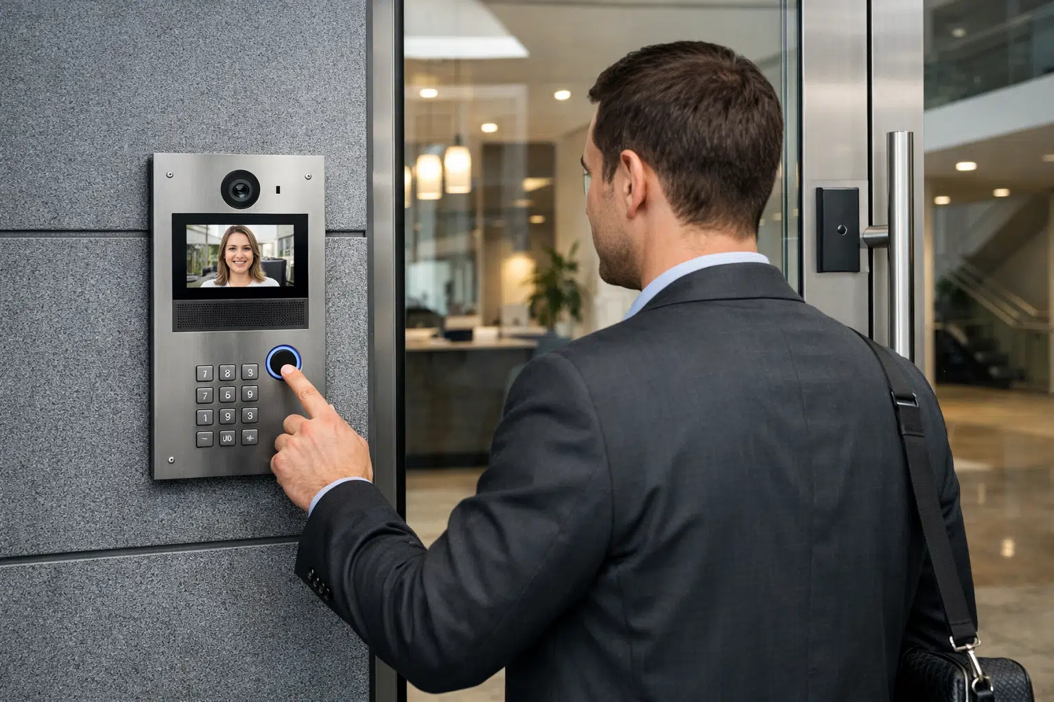 Person using a video intercom at a modern entrance