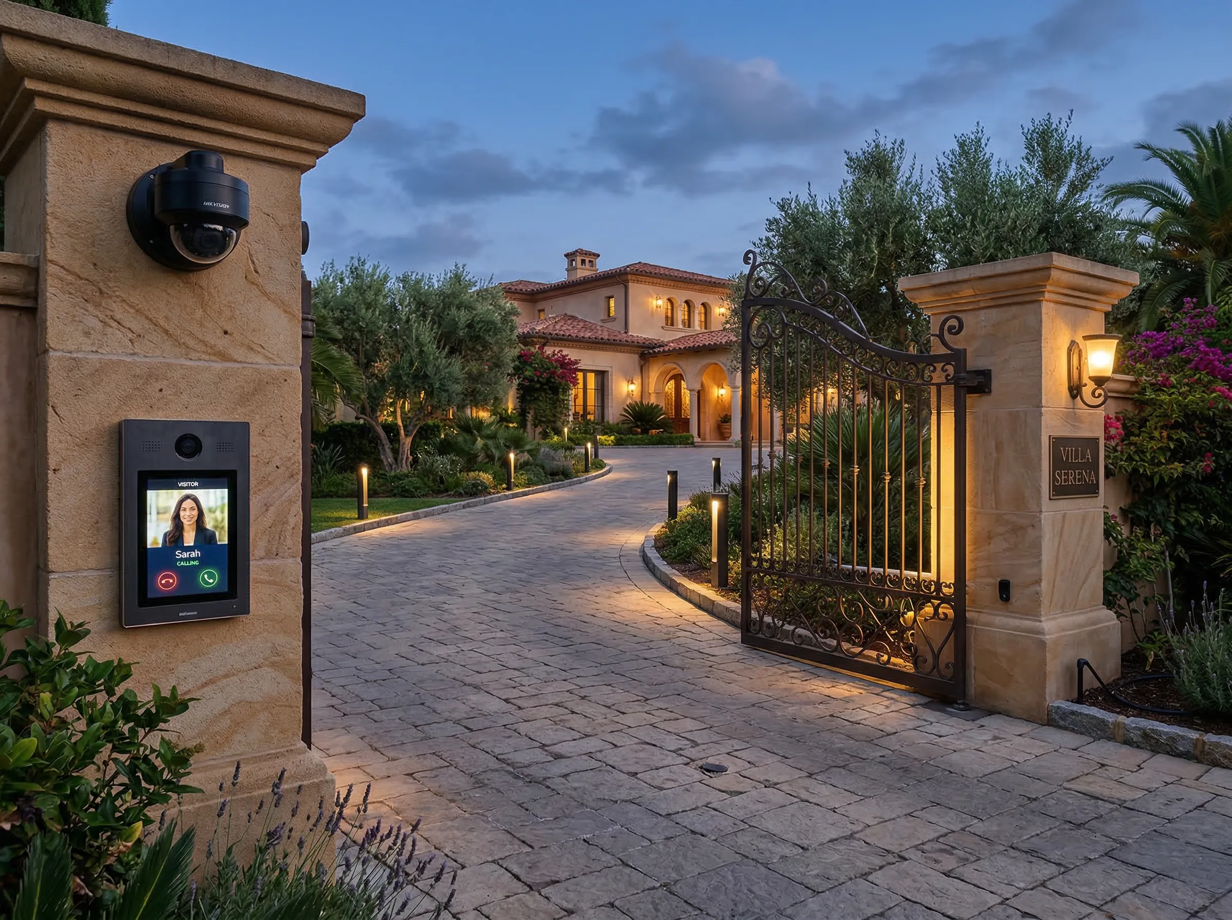 Smart intercom and security system at a luxury villa entrance